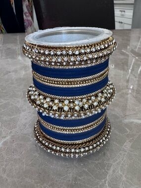 Crystal & Pearl Accent Gold-Tone Navy Bangle Indian/Pakistani